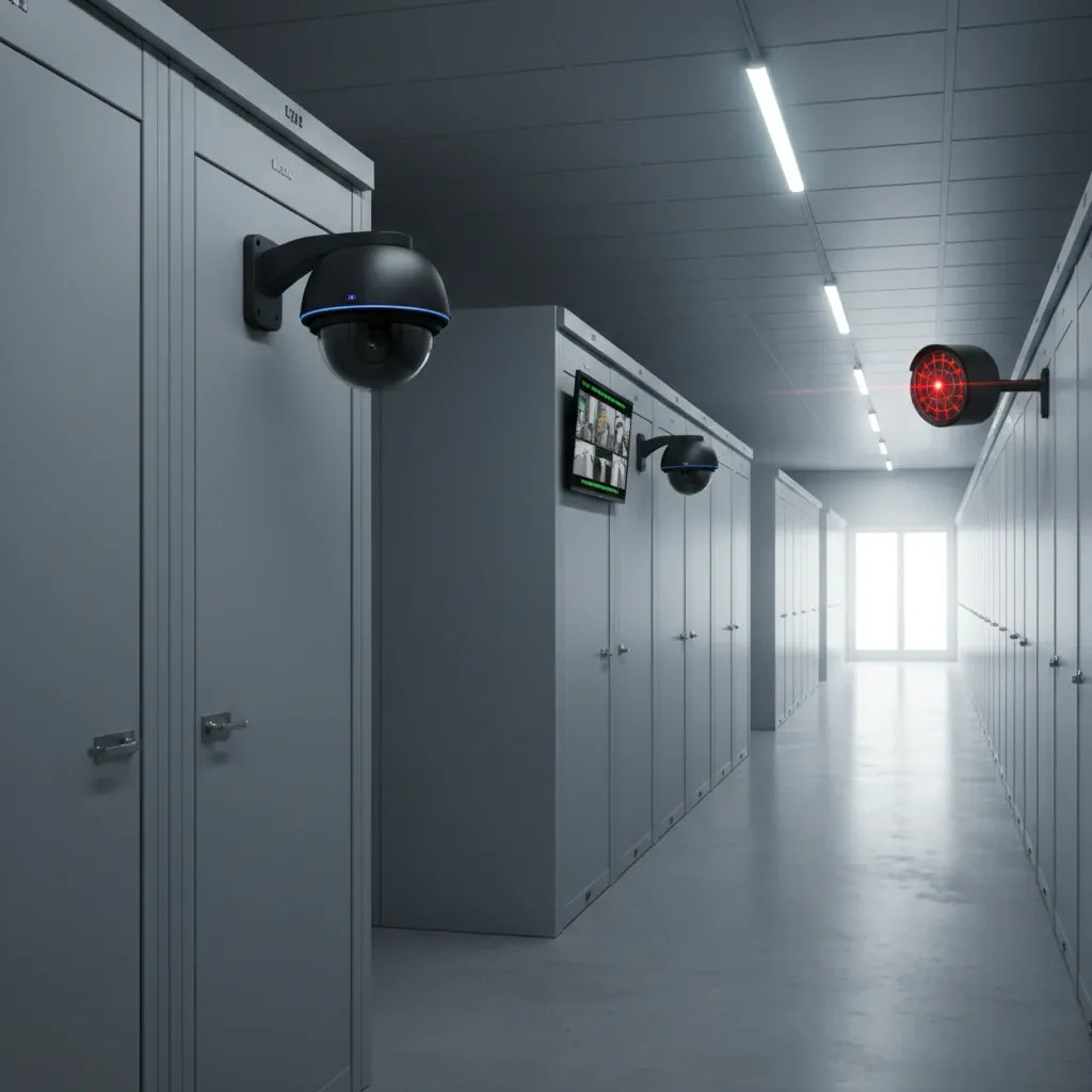 Commercial storage facility interior with digital surveillance cameras and motion-activated LED lighting for asset safety.